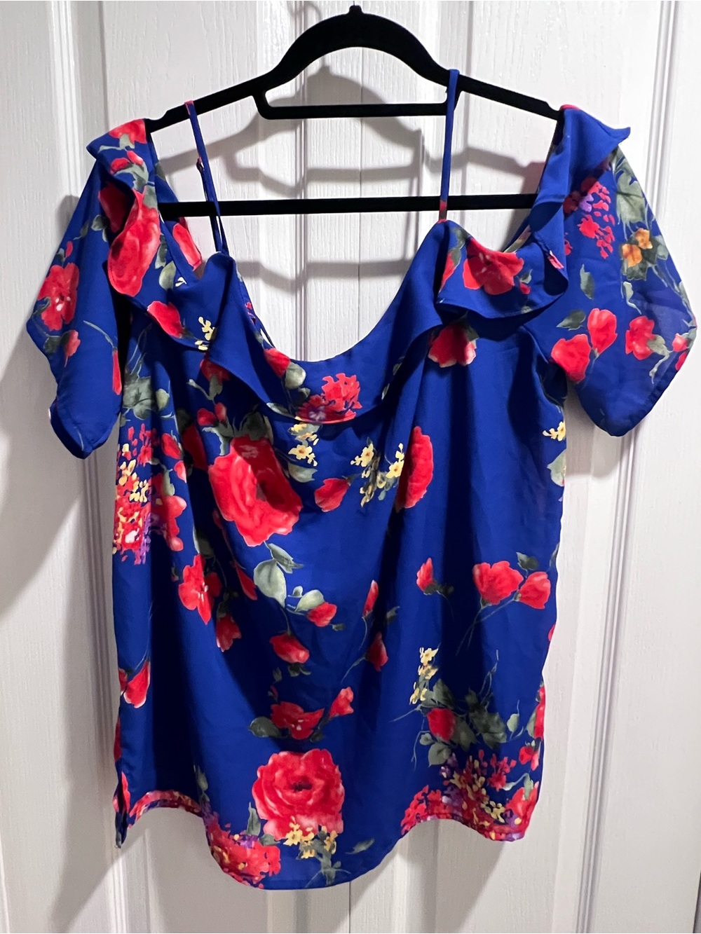 SKIES ARE BLUE Women’s XL Blue Floral Square Neck Cold Shoulder Ruffle Blouse